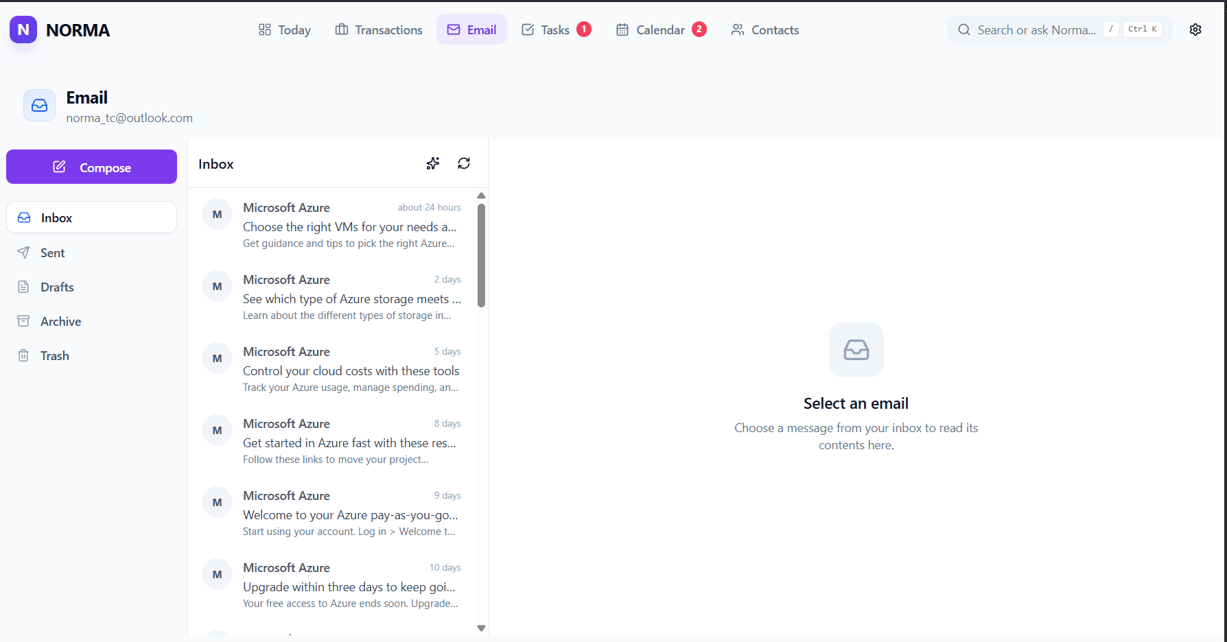 Norma email workspace showing inbox, message detail, and transaction context actions.