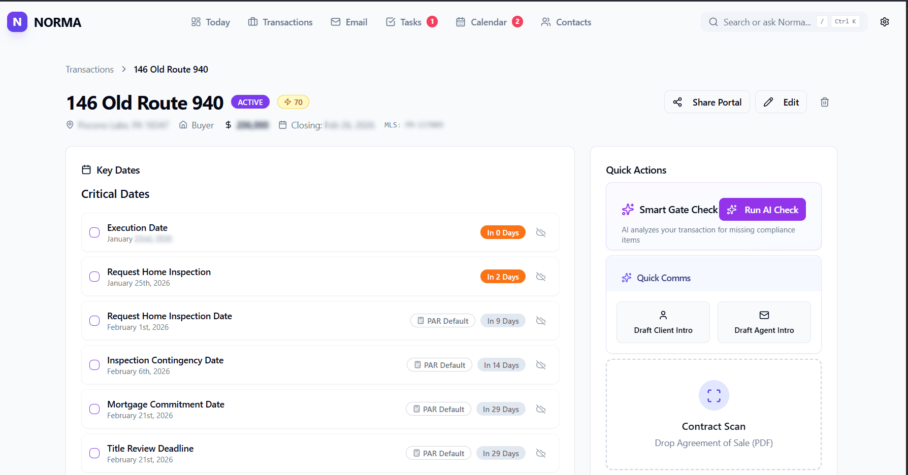 Norma transaction workspace showing checklist, waiting-on items, tasks, and documents.