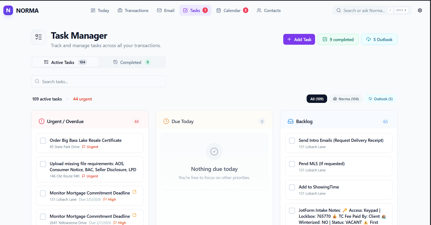 Norma task manager showing active tasks, pending items, and transaction-linked work.