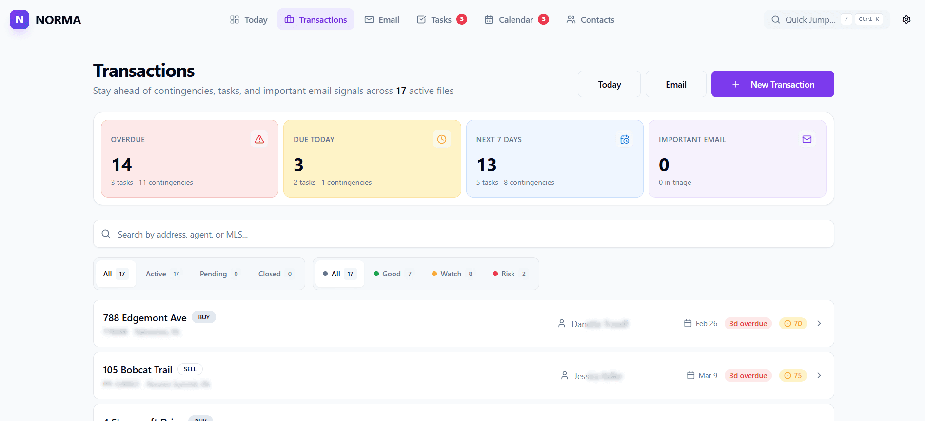 Norma transactions list showing active files and status at a glance.